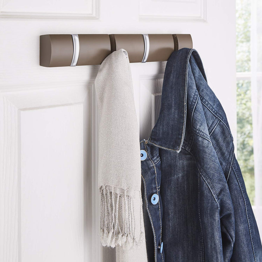 Wall Mounted Hook Board – 4 Close Hooks in Satin Chrome on Espresso Wooden Backing
