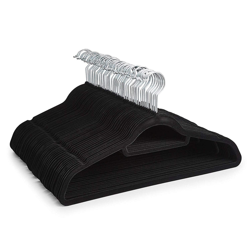 50 x Black Non Slip Velvet Hangers With Tie Belt Scarf Holder - Ultra slim design