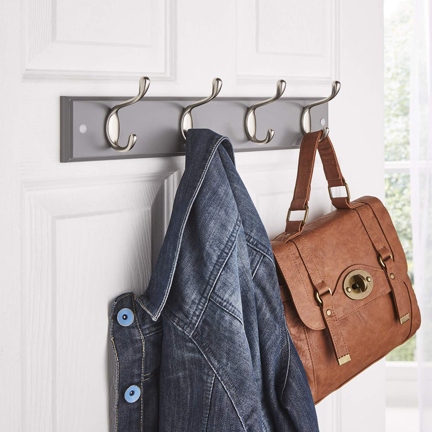 4 Double Nickel Coat Hooks on Grey Wooden Board – Wall or Door Mountable